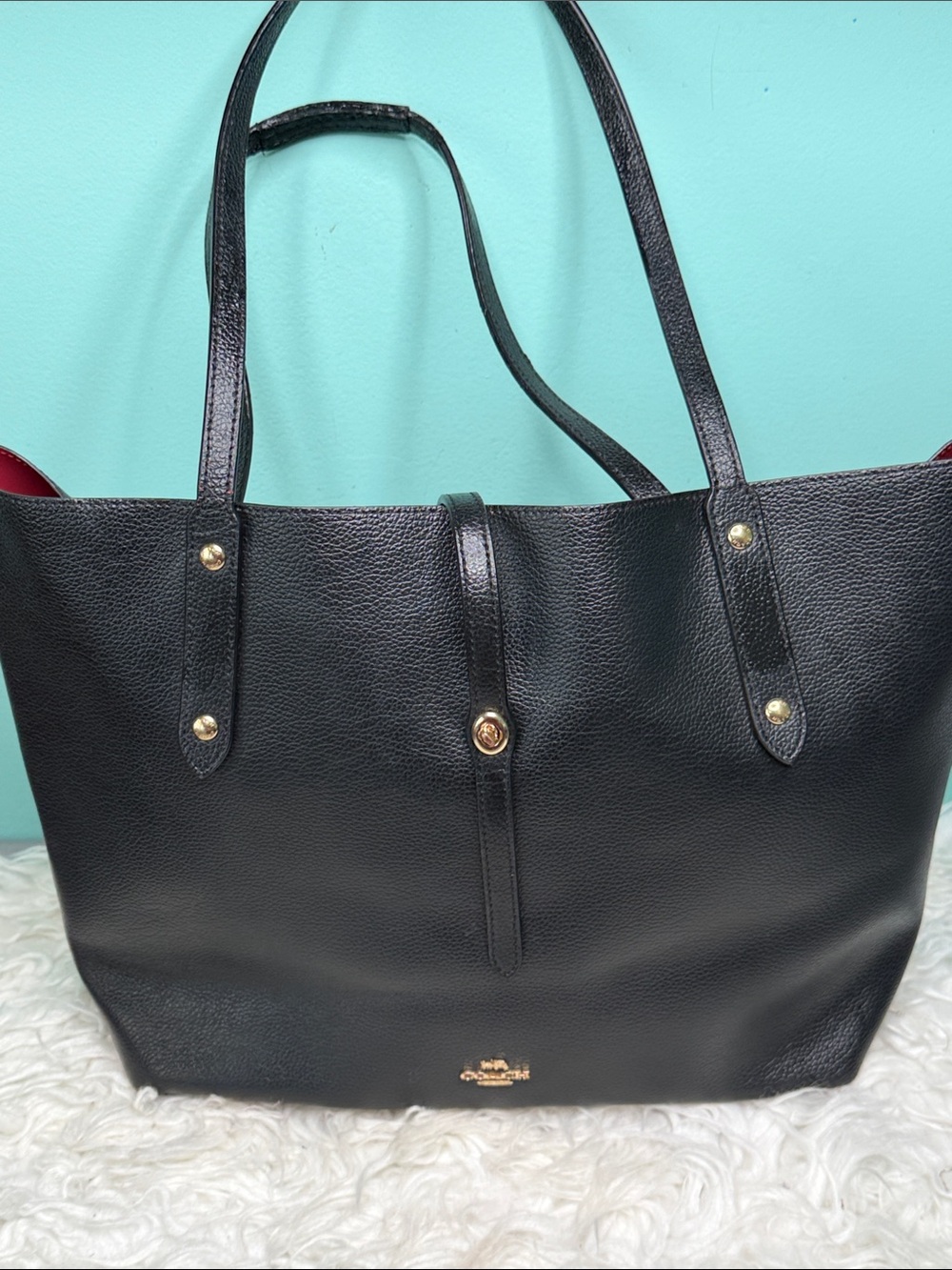 Coach Black Leather Large Tote with Gold-Tone Accents and Red Interior